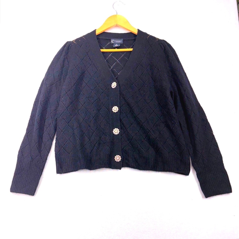 Classic Black Diamond-Knit Cardigan with Decorative Buttons